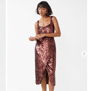 & Other Stories Bronze/Brown Sequin Midi Slip Dress Side Slit NWT 8